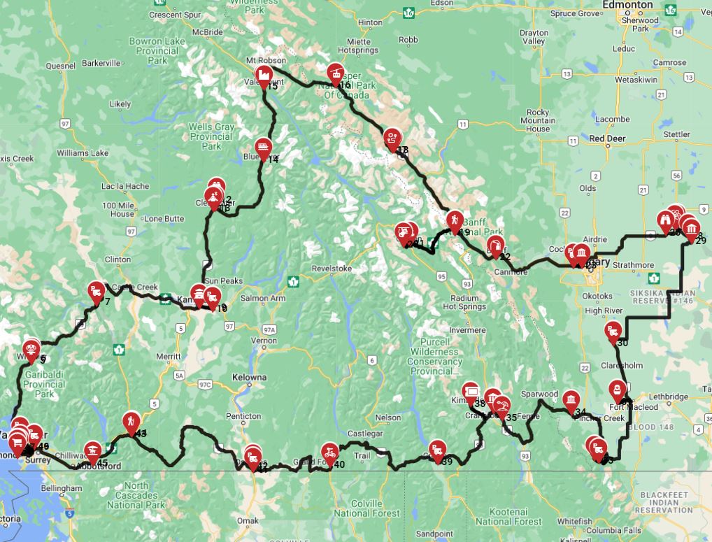 RV full route from Vancouver to the Rocky mountains